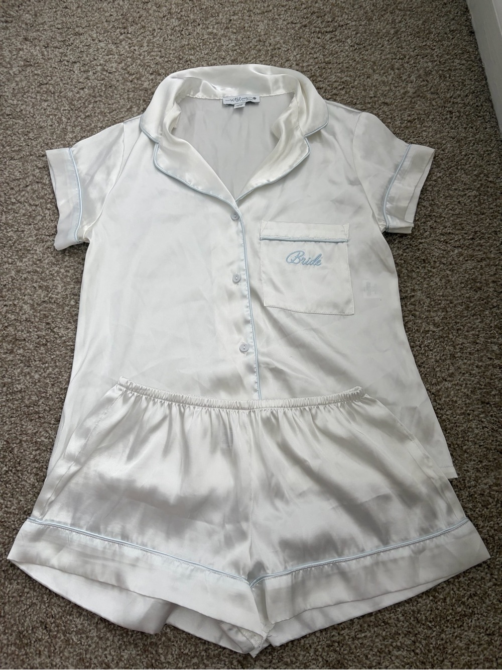 Silk-Feel White Bridal Short Pajama Set with Light Blue Trim